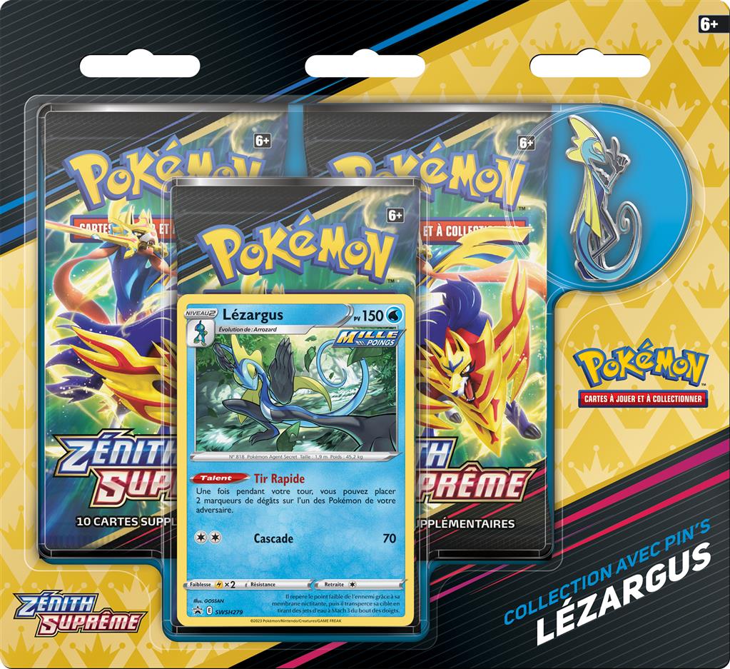 Pokemon Zénith Suprême Tripack boosters et pin&#39;s Lézargus EB12.5